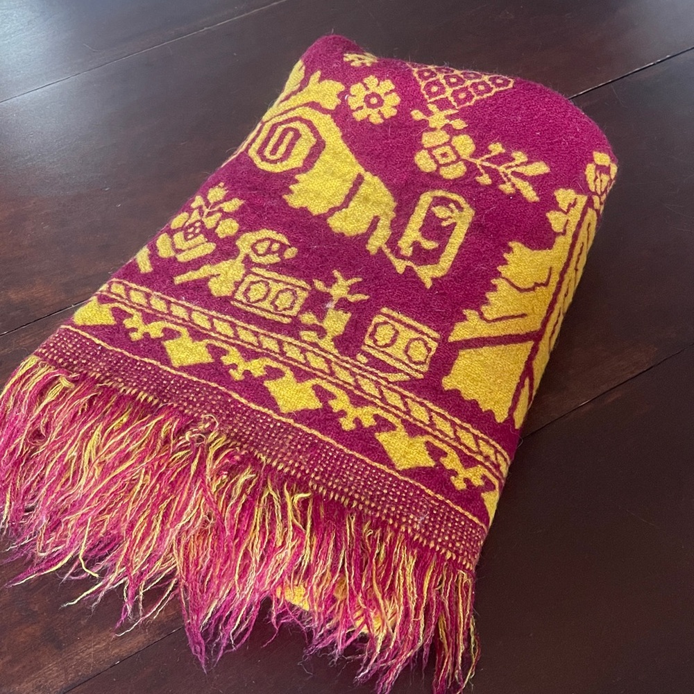 Vintage 1963 Wool Woven Red & Yellow Blanket/ Tapestry